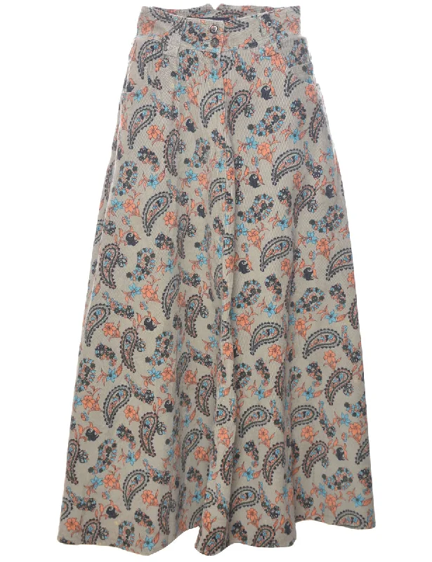 Corduroy Paisley And Floral Print Maxi Skirt - M lace skirt intricate