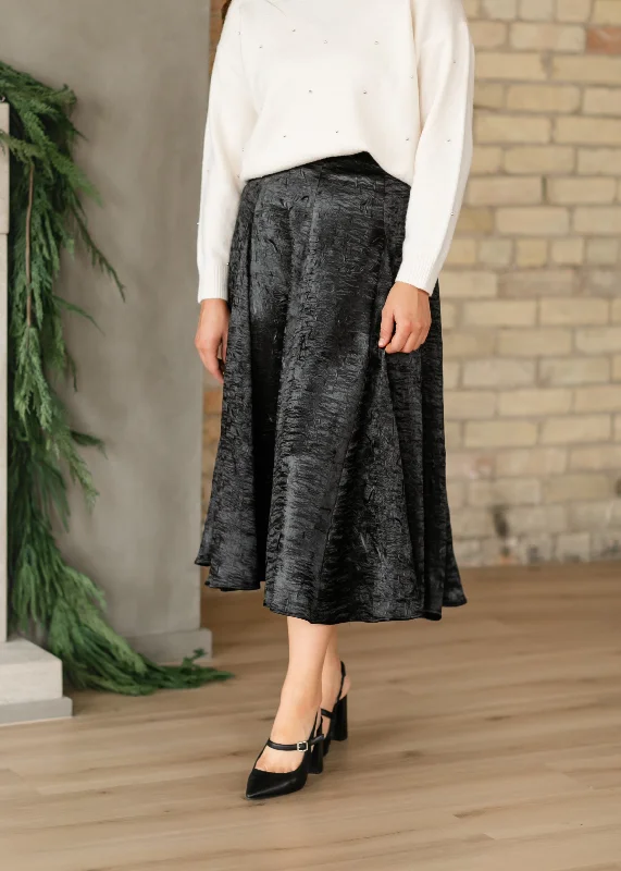 Crinkle Satin Black A-line Skirt ribbed skirt waist