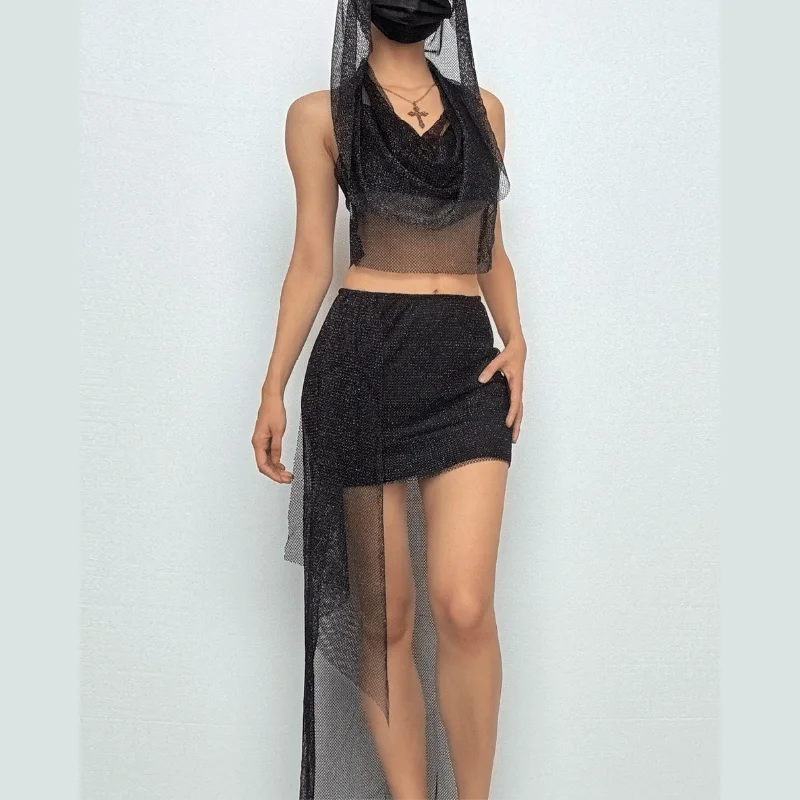 Hoodie halter mesh glitter 2 piece mini skirt set- Final Sale casual skirt length