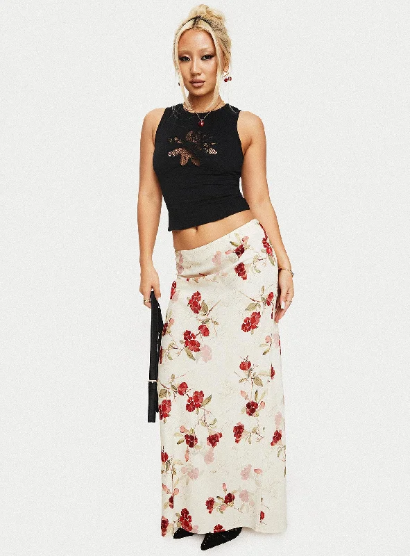 Jodie Maxi Skirt Cream / Floral denim skirt casual