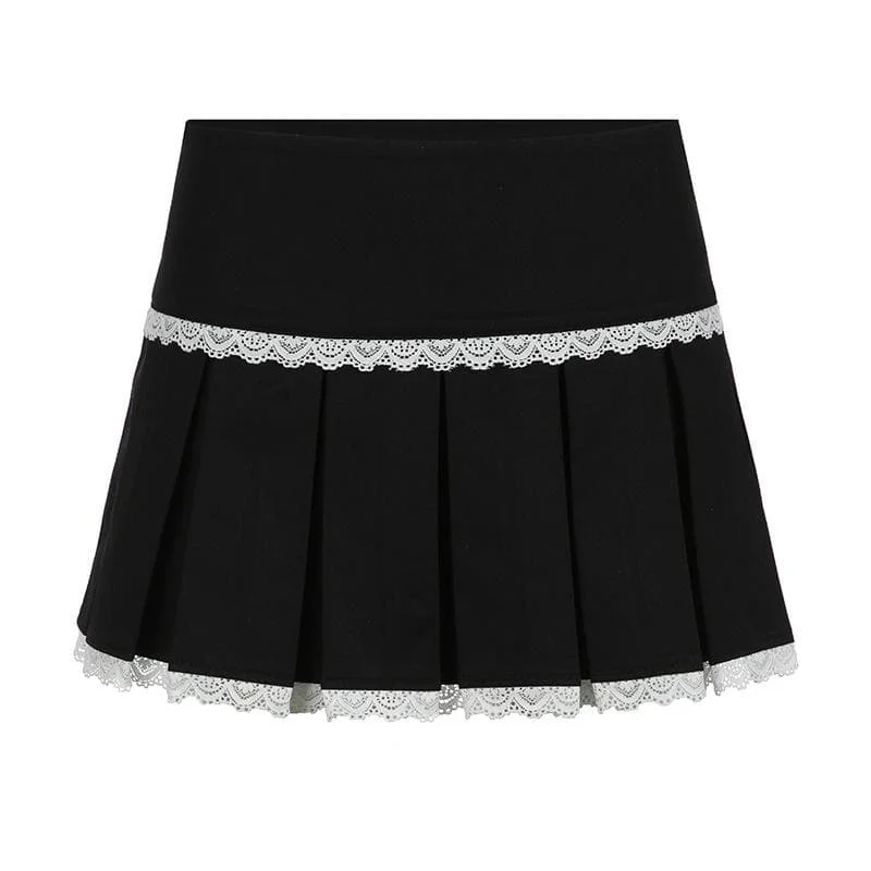 Lace hem pleated zip-up mini skirt velvet skirt plush