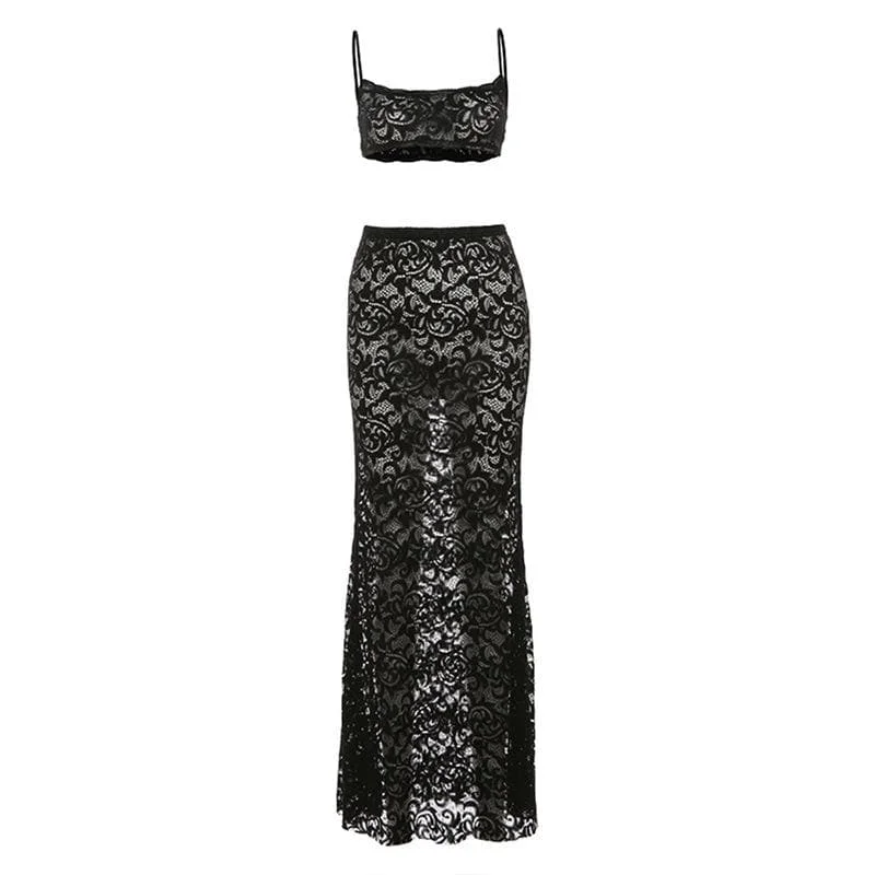 Lace see through u neck backless cami maxi skirt set wool skirt warm