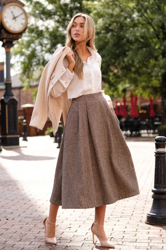 Left Unsaid Brown Herringbone Tweed Midi Skirt velvet skirt glossy