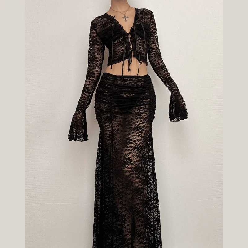 Long flared sleeve lace see through maxi skirt set silk skirt sleek