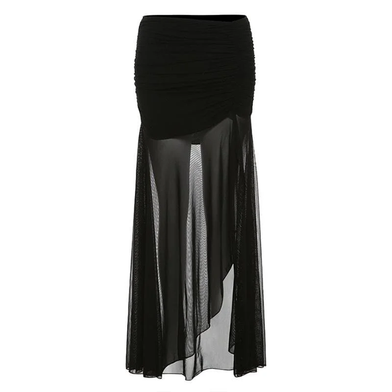 Mesh ruffle ruched slit solid maxi skirt breathable skirt fabric