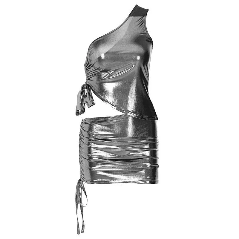 Metallic drawstring irregular one shoulder mini skirt set silk skirt elegant