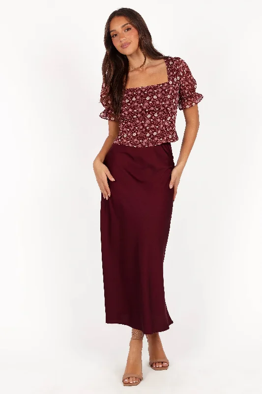 Nellie Satin Midi Skirt - Burgundy corduroy skirt durable