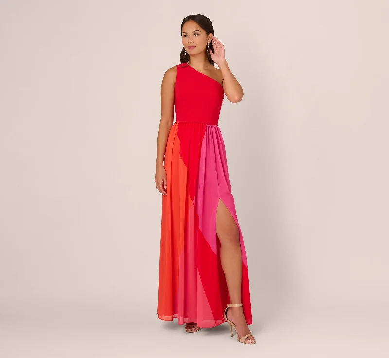 One Shoulder Gown With Color Block Chiffon Skirt In Red Multi low waist skirt