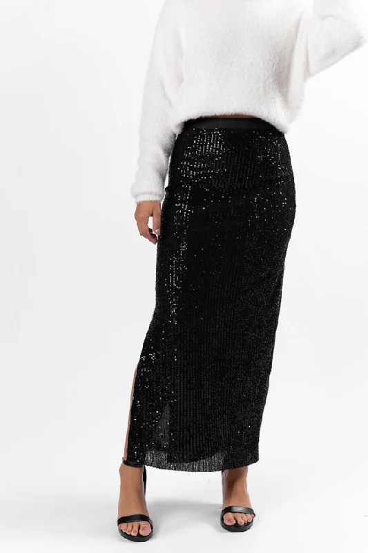 Own The Night Black Sequin Maxi Skirt elastic waist skirt