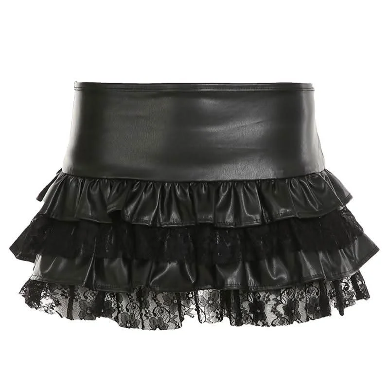 PU leather lace patchwork ruched mini skirt leather skirt sleek