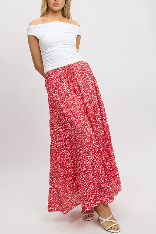 Red Ditsy Maxi Skirt Tiered High Rise patchwork skirt art