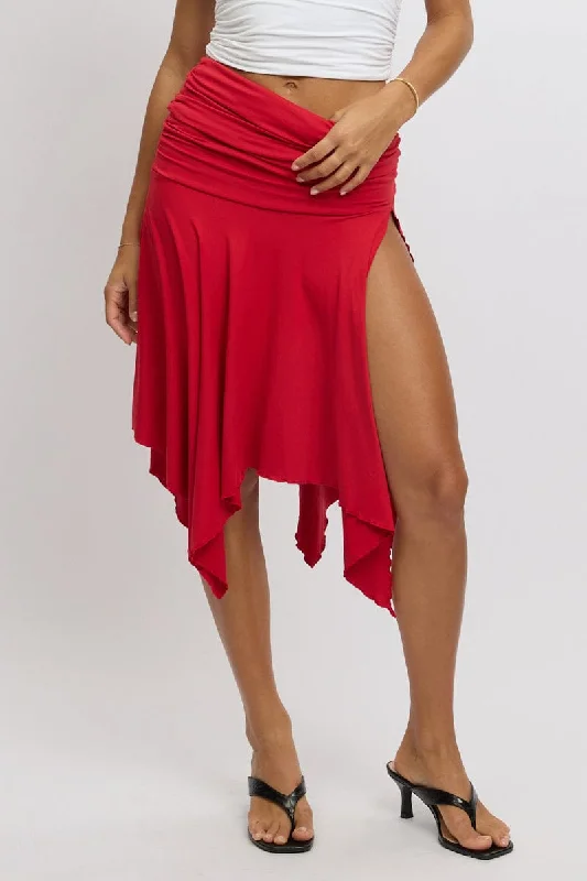 Red Scarf Hem Skirt High Rise Midi Asymm Supersoft cashmere skirt rich