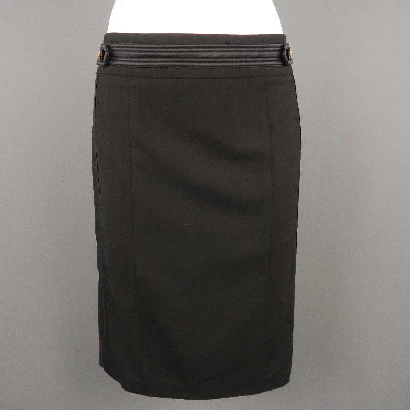 ROBERTO CAVALLI Size 6 Black Satin Trim Gold Button Tab Pencil Skirt velvet skirt glossy