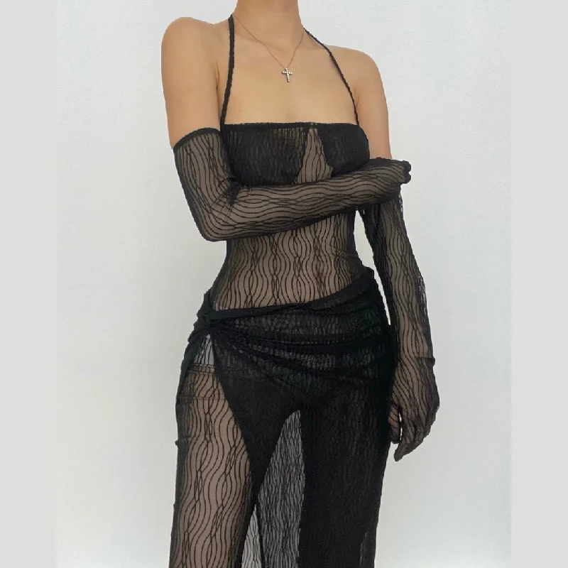 Sheer mesh solid halter self tie gloves backless jumpsuit skirt set patchwork skirt art