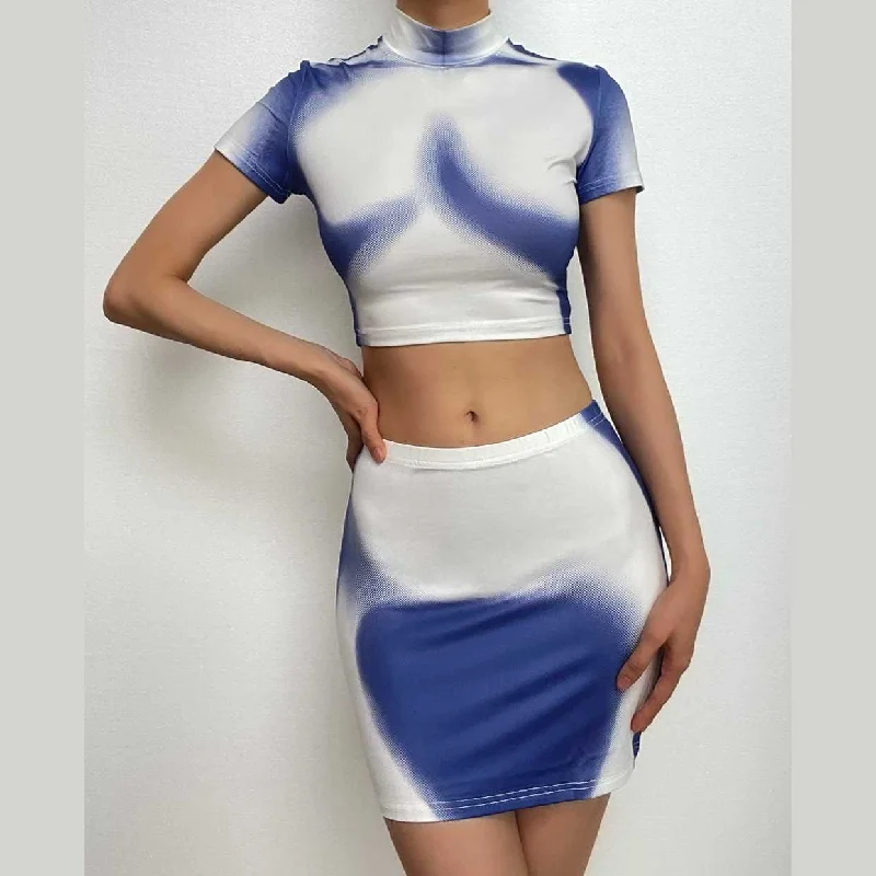 Short sleeve high neck contrast body print mini skirt set relaxed fit skirt