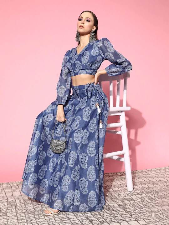 Women Blue Paisley Wrap Crop Top With Aanarkali Skirt lace skirt romantic