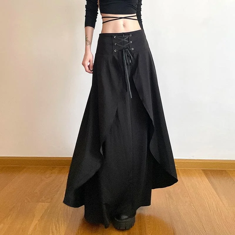 Solid lace up patchwork zip-up low rise maxi skirt leather skirt sleek