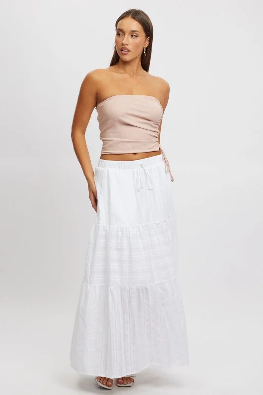 White Tiered Maxi Skirt High Rise Elastic Waist Lined leather skirt sleek