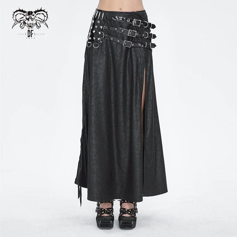 Women's Gothic Buckle Stud Side Slit Long Skirt leather skirt durable