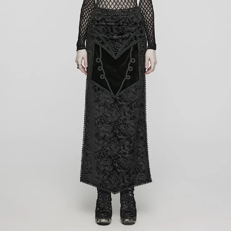 Women's Gothic Jacquard Side Slit Lace-Up Long Skirt spandex blend skirt