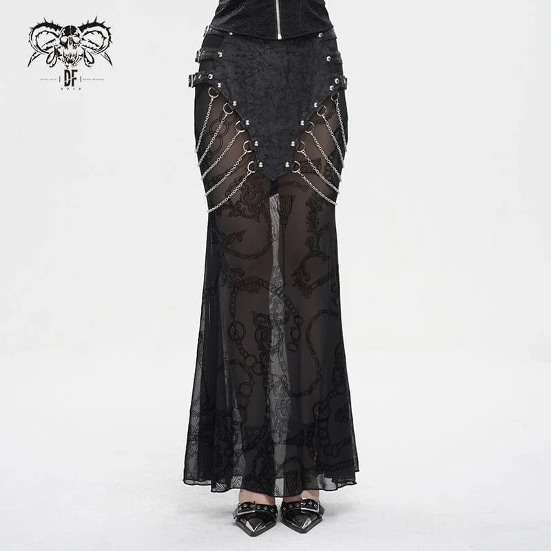 Women's Gothic Mesh Splice Chain Fishtail Skirt zip skirt side