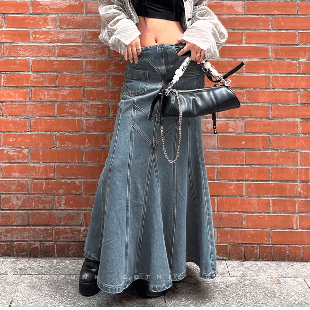 Women's Grunge Multi-pocket Denim Fishtail Skirt denim skirt trendy