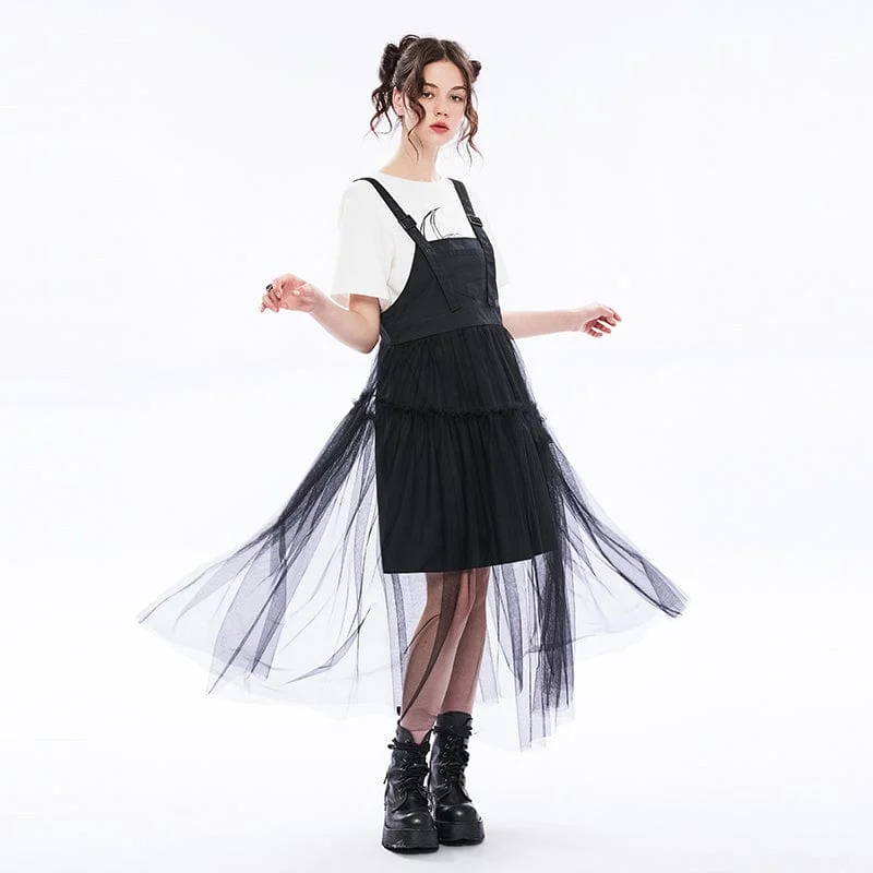 Women's Punk Mesh Splice Suspender Skirt flowy skirt hem