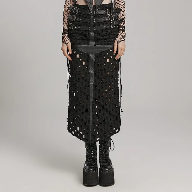 Women's Punk Ripped Buckle Lace-Up Long Skirt cashmere skirt fine