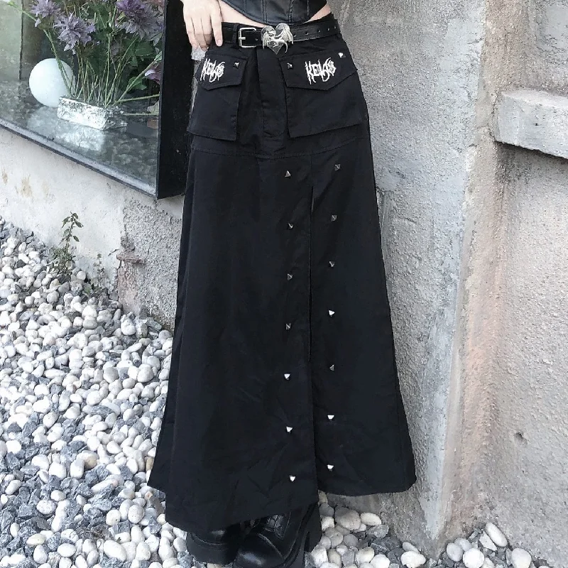 Women's Punk Rivet Slit Maxi Skirt a-line skirt cut