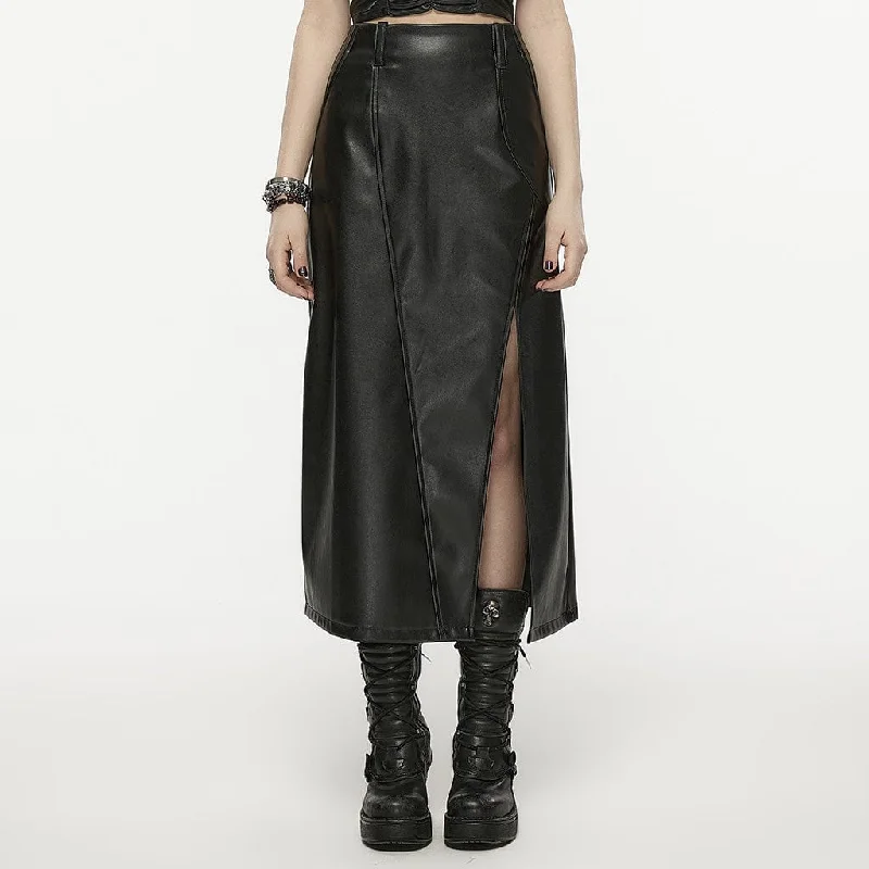 Women's Punk Split Faux Leather Skirt button skirt front