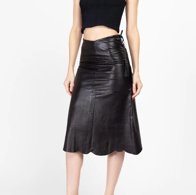 XS 90s Black Leather Scalloped Hem Midi Skirt high slit skirt