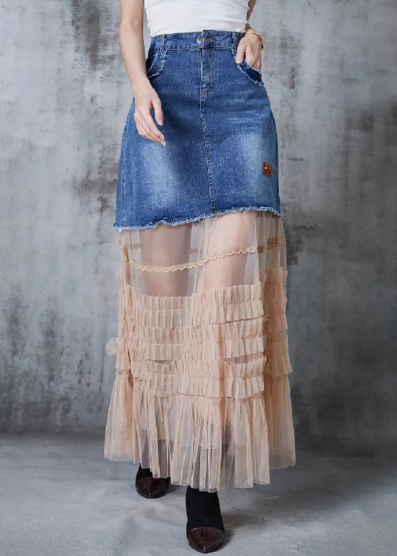 Silm Fit Blue Patchwork Tulle Denim Holiday Skirt Summer linen skirt relaxed
